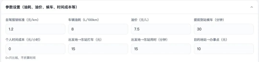 参数设置里的油费、时间成本与打车费估算项